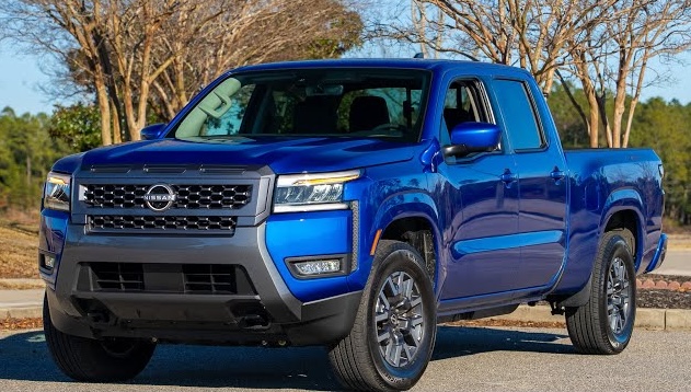 A photo of a metallic blue 2025 Frontier SL with a crew cab.